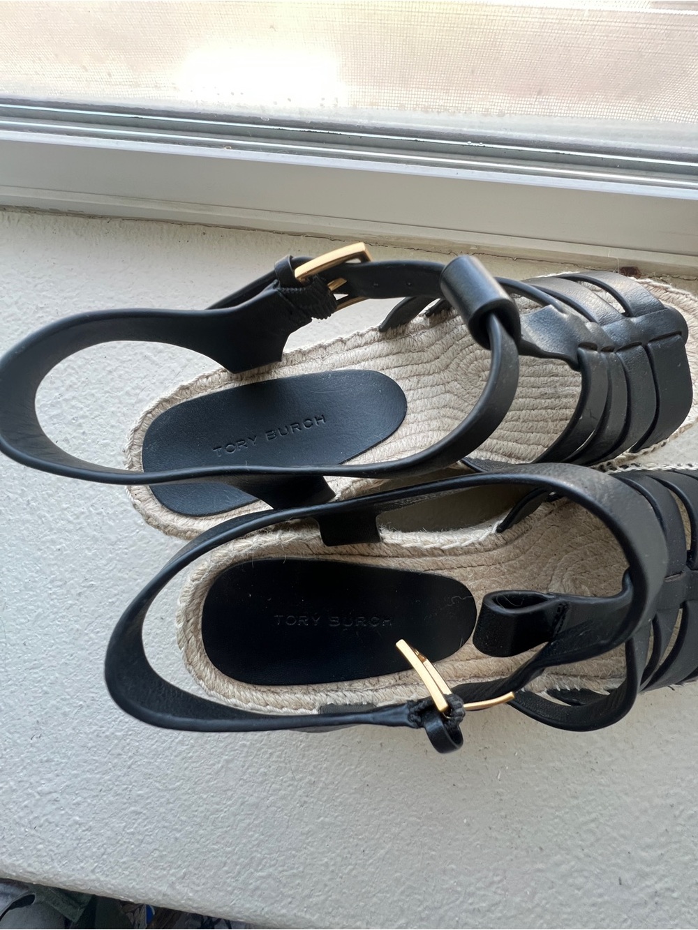 Tory Burch Black Leather Espadrille Wedge Sandals - Picture 4 of 4
